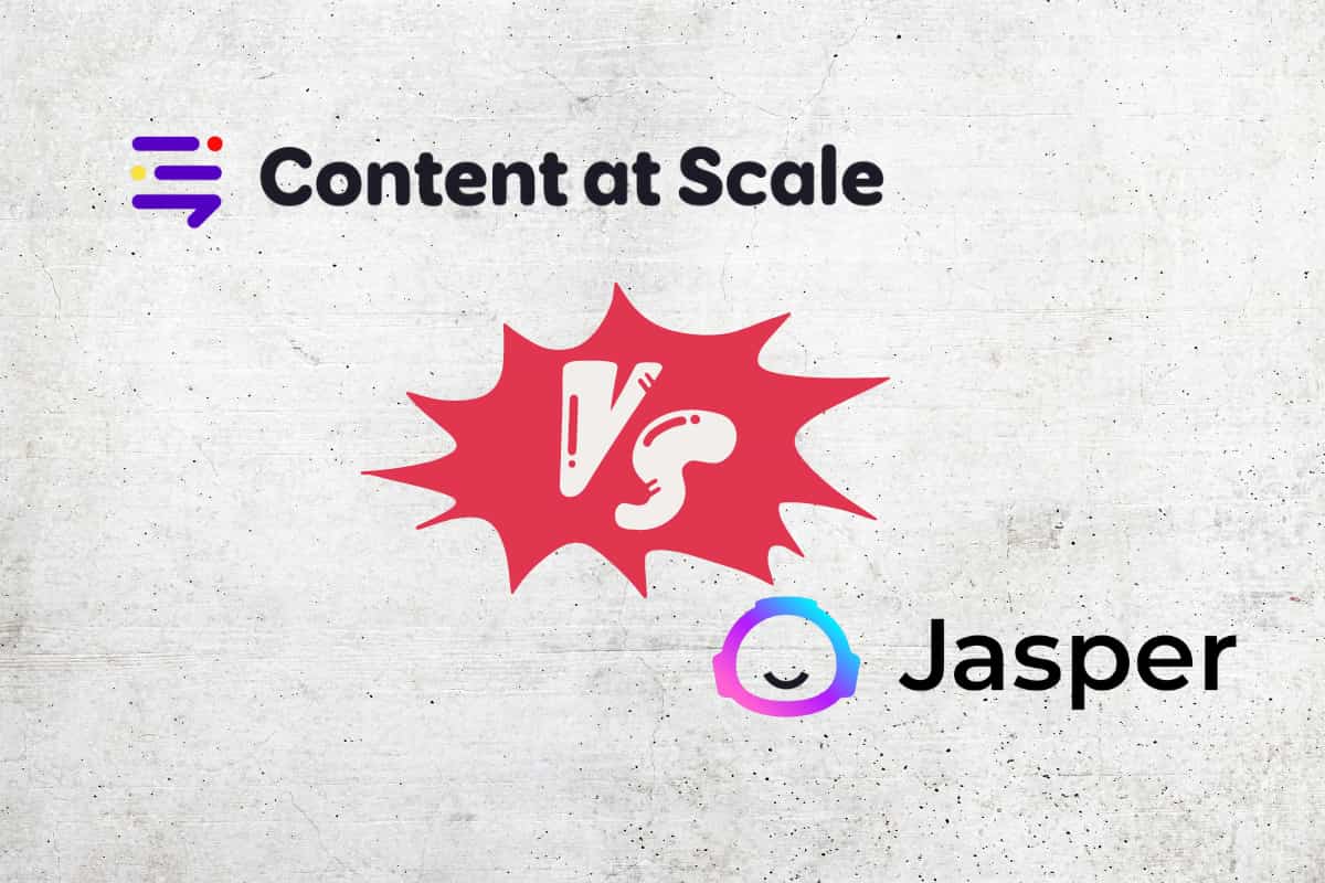 White background with the Content At Scale and Jasper logos showcased with a versus sign