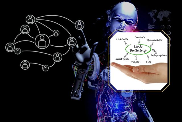 robot on ablue and black background pointing at links between bubbles. Inset hand showing differnet linking options to get links to your site