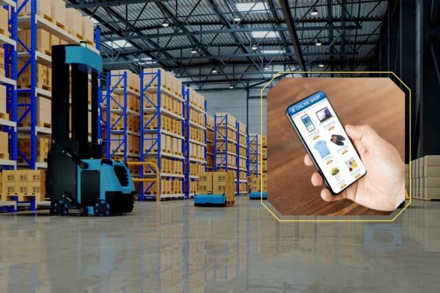 A warehouse with pallets of inventory and a insert of a mobile phone with the Amazon storefront