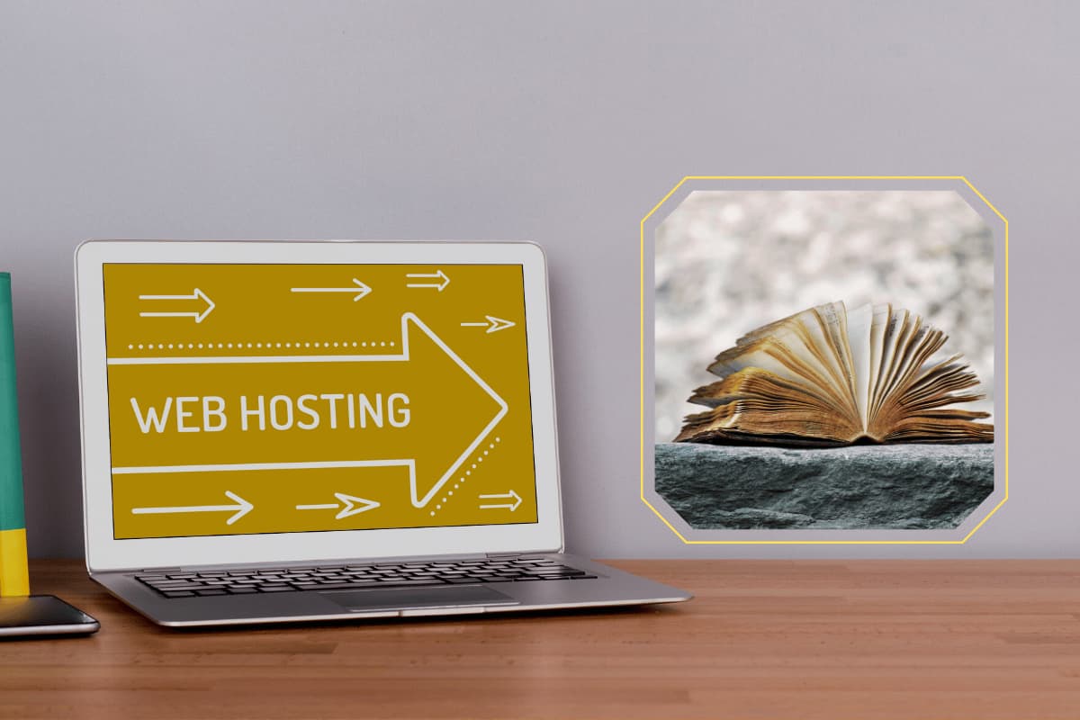 Computer with an arrow stating web hosting pointing towards a book and knowledge