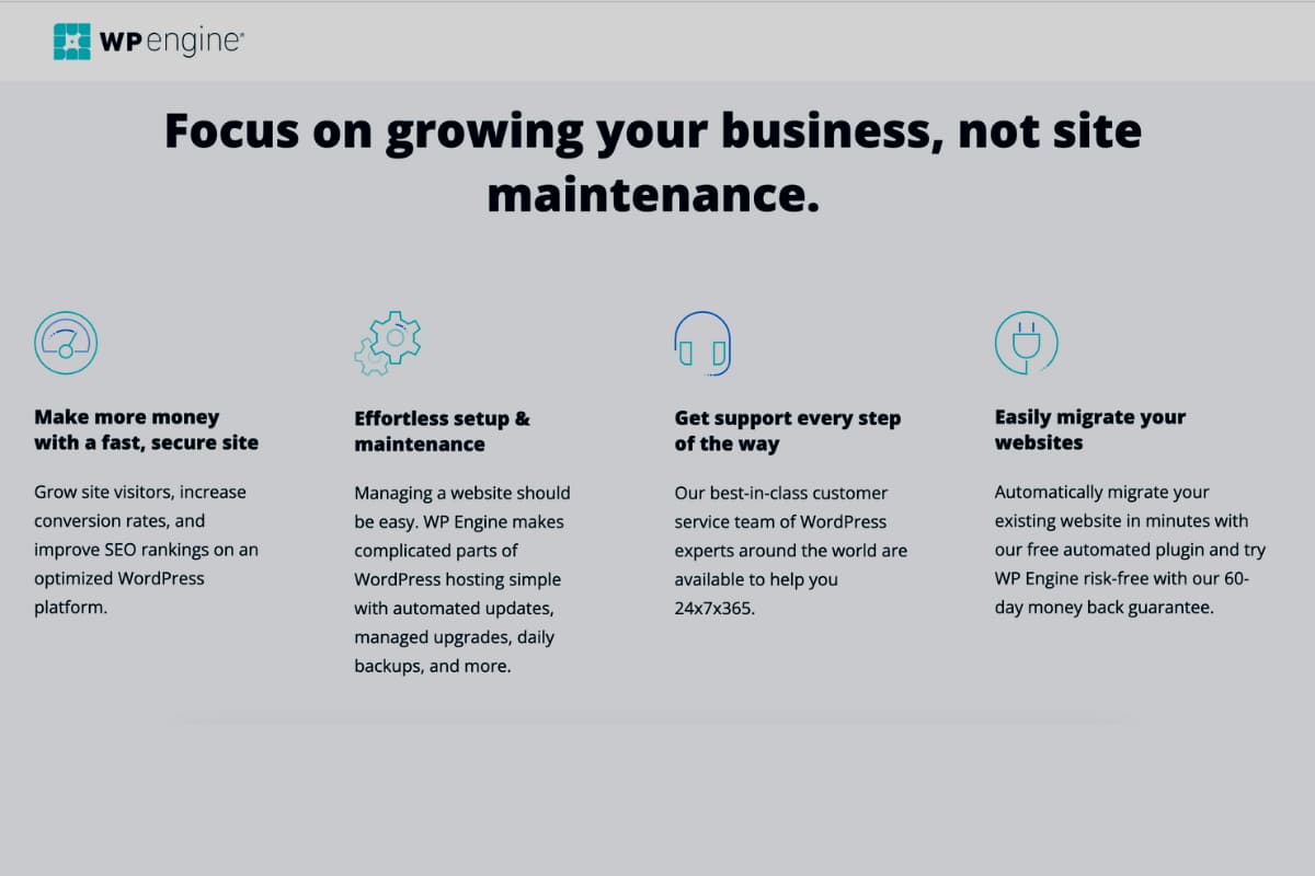 WP Engine homepage discussing how they help you grow and less time sent maintaining