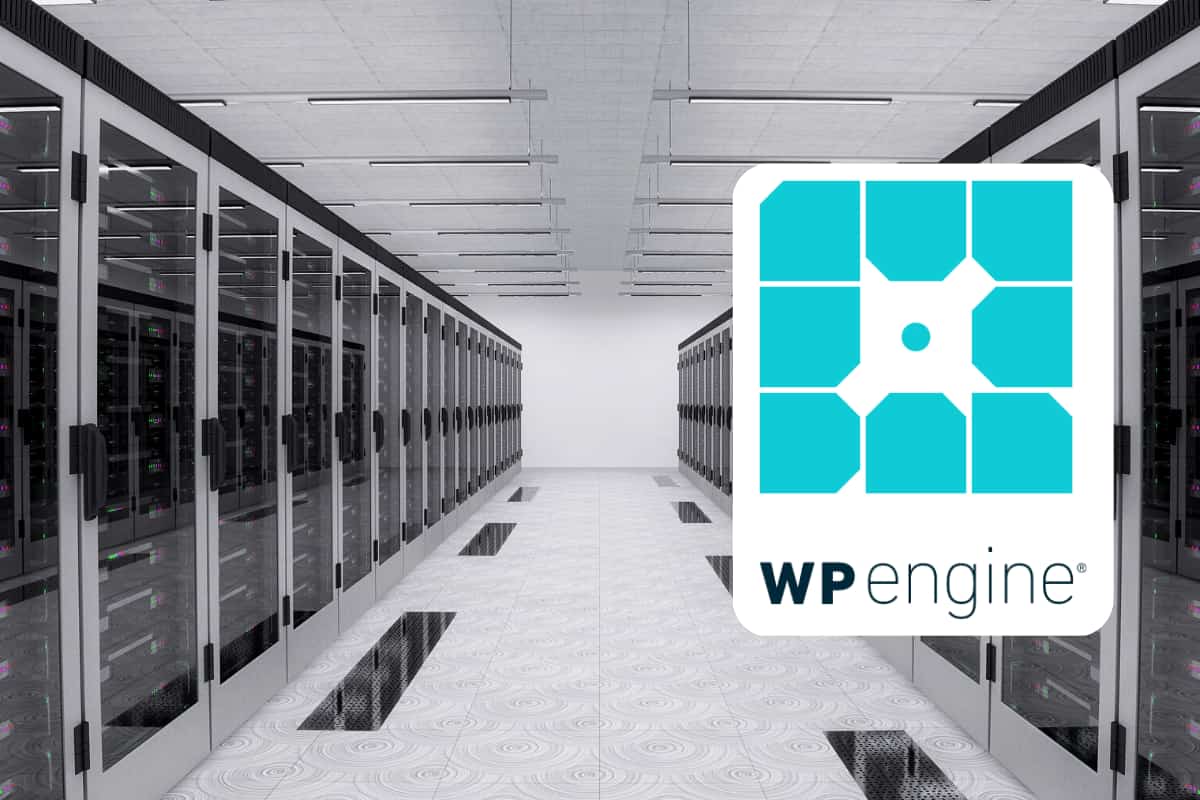 Server room with an overlay of the WP Engine logo