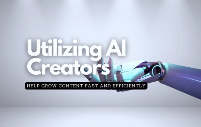 Image of an robot hand with overlay text speaking to using AI content creation software to become more efficient