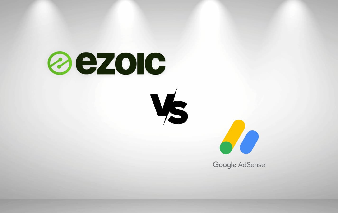 White background with spotlights shooting down onto the Ezoic and Google AdSense logos displayed