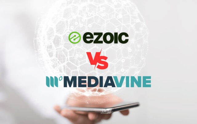 Phone showing a 3d world above it - discussion focused on the Ezoic and Mediavine logos displayed