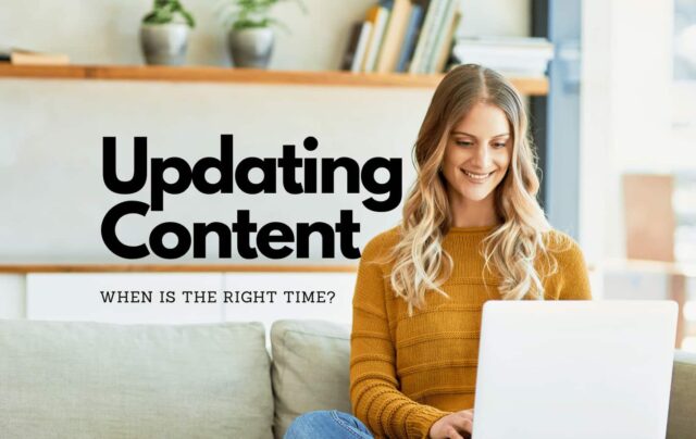 Woman looking at her laptop working on a content update for her affiliate niche site